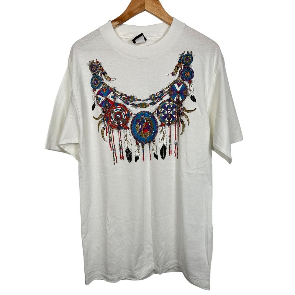 Vintage Diamond Dust Large T-Shirt Native American Feathers Dream Catcher‎ White